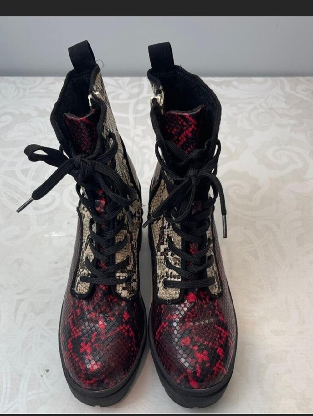 BAMBOO Red and Beige Snake-Print Lace-Up Chunky Heel Goth Punk Boots NWOT Sz 9 - Picture 7 of 11